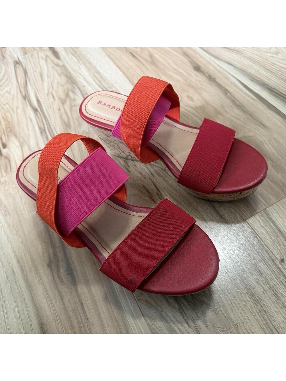 Bamboo Colorblock Cork Wedge Slide Sandal Red Pink Orange Elastic Strap 8.5